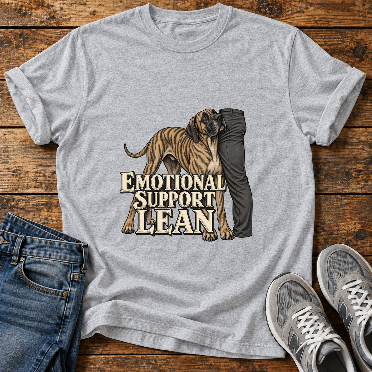 Emotional Support Lean Great Dane graphic T-shirt in Sport Grey, shown on a flat-lay shirt mockup