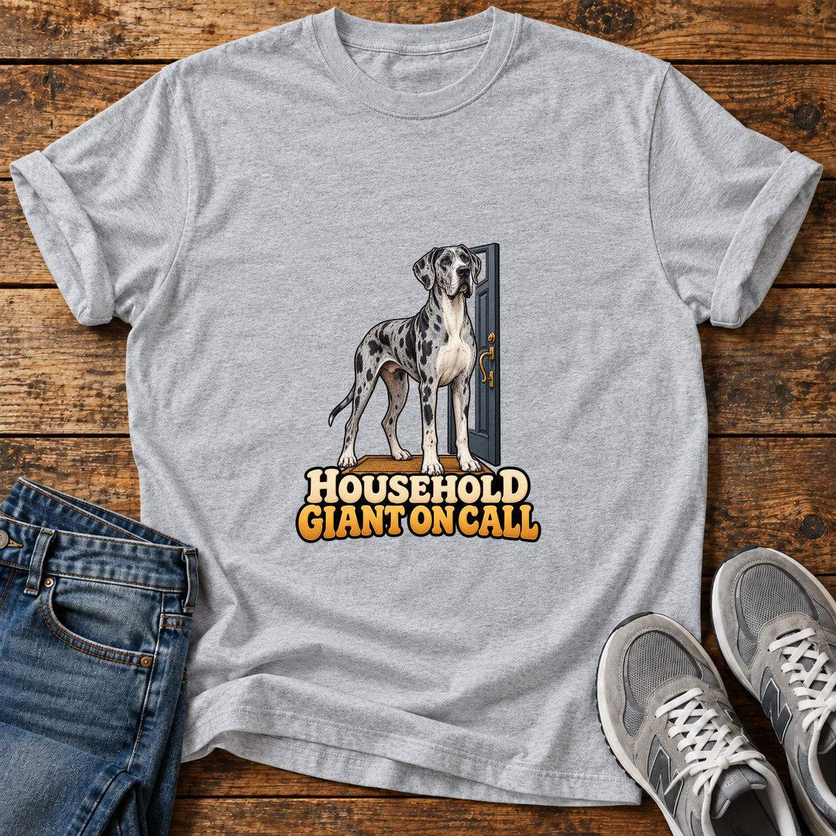 Household Giant Great Dane graphic T-shirt in Sport Grey, shown on a flat-lay shirt mockup