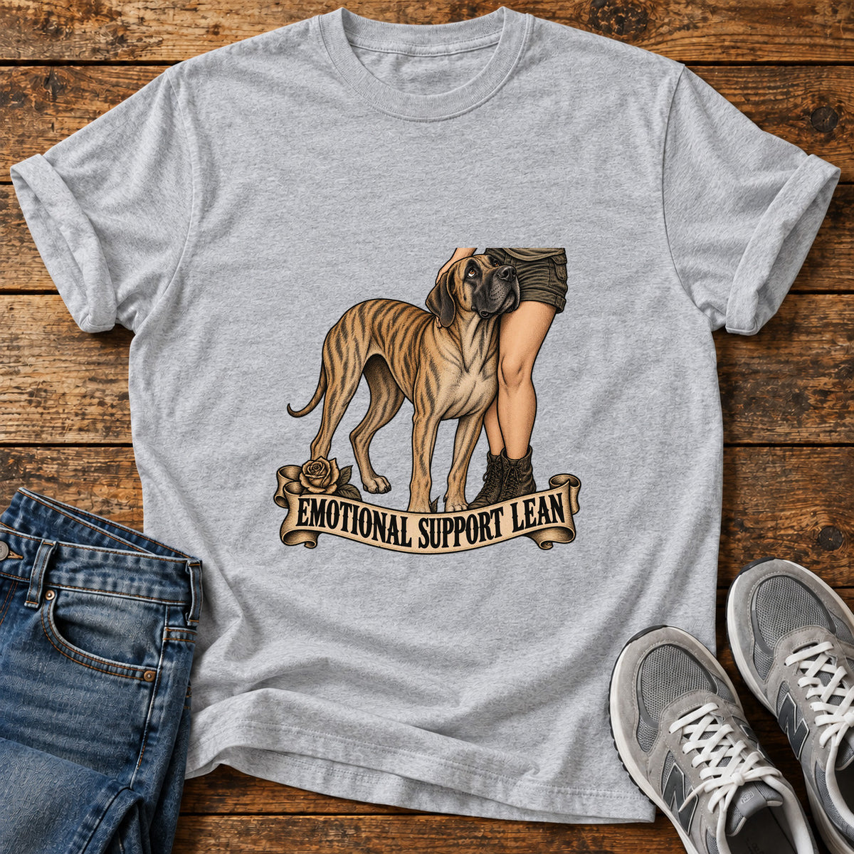 Emotional Support Lean Great Dane graphic T-shirt in Sport Grey, shown on a flat-lay shirt mockup