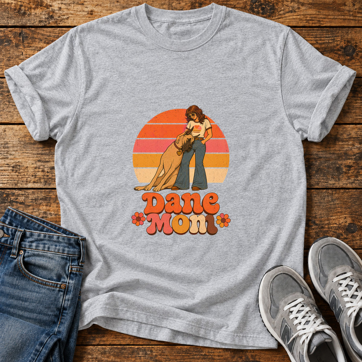 Dane Mom Great Dane graphic T-shirt in Sport Grey, shown on a flat-lay shirt mockup