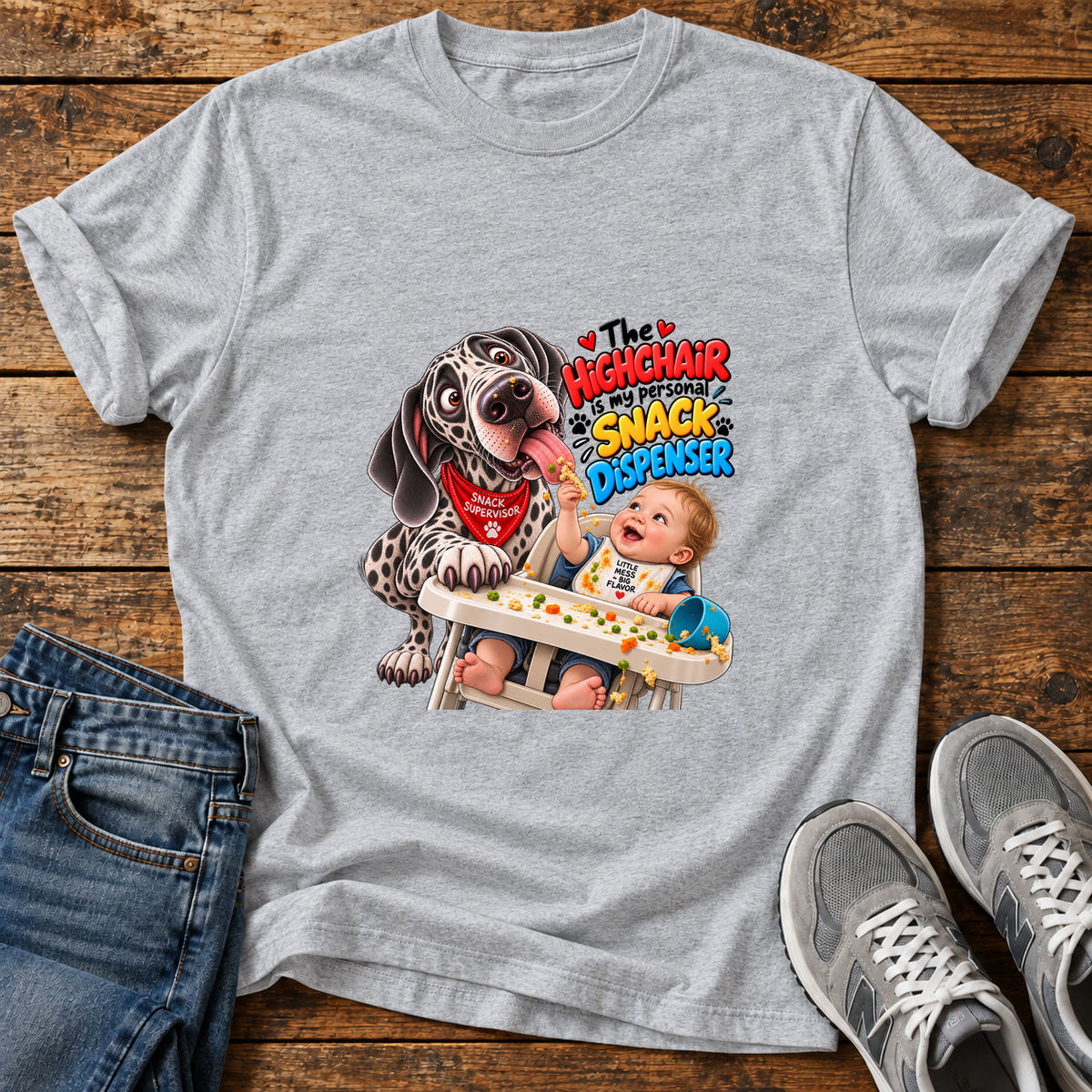Highchair Snacktime Great Dane graphic T-shirt in Sport Grey, shown on a flat-lay shirt mockup