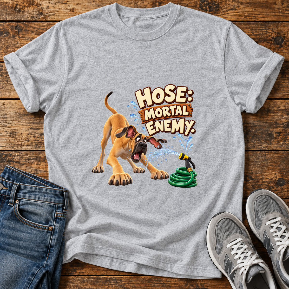 Hose Mortal Enemy Great Dane graphic T-shirt in Sport Grey, shown on a flat-lay shirt mockup