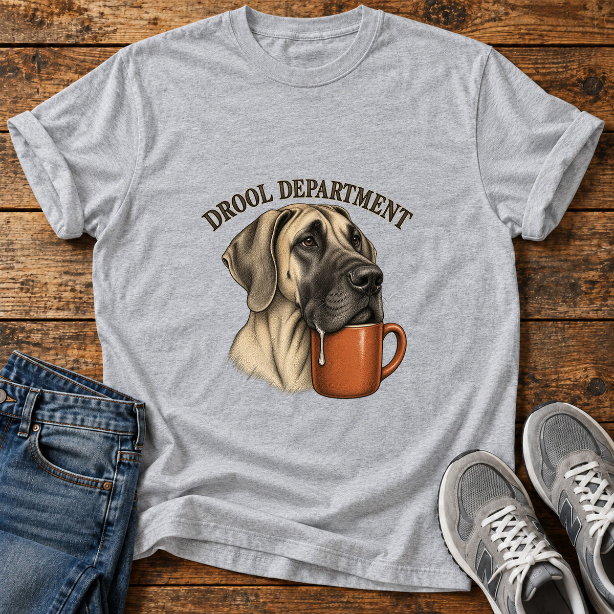 Drool Department Great Dane graphic T-shirt in Sport Grey, shown on a flat-lay shirt mockup