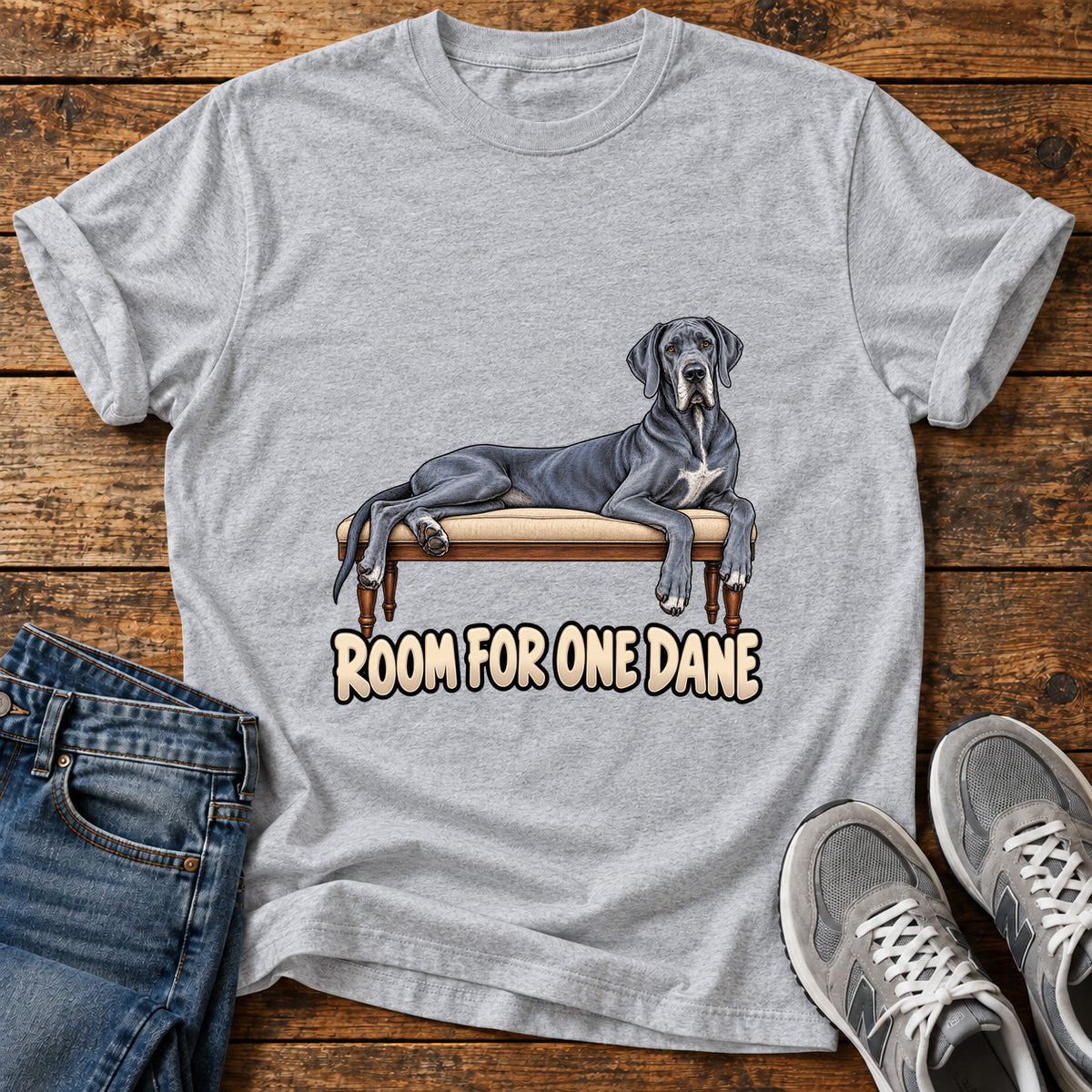 Room For Dane Great Dane graphic T-shirt in Sport Grey, shown on a flat-lay shirt mockup
