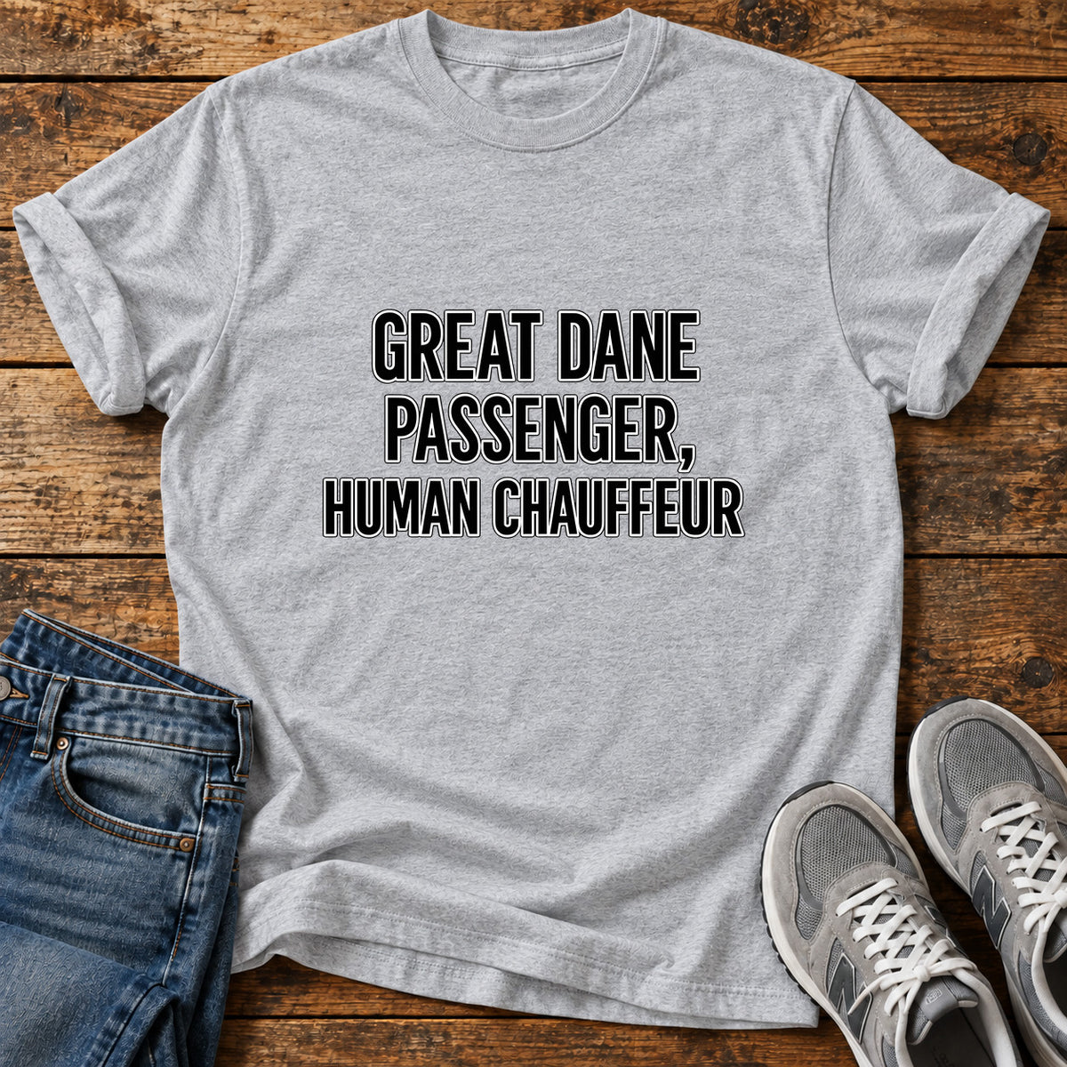 Great Dane Chauffeur graphic T-shirt in Sport Grey, shown on a flat-lay shirt mockup