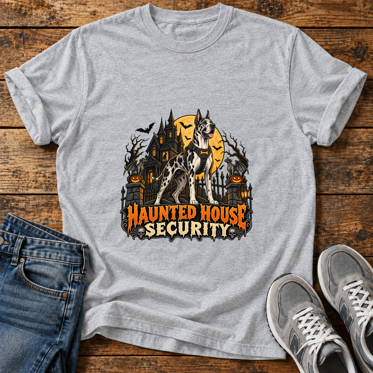 Haunted House Security Great Dane graphic T-shirt in Sport Grey, shown on a flat-lay shirt mockup