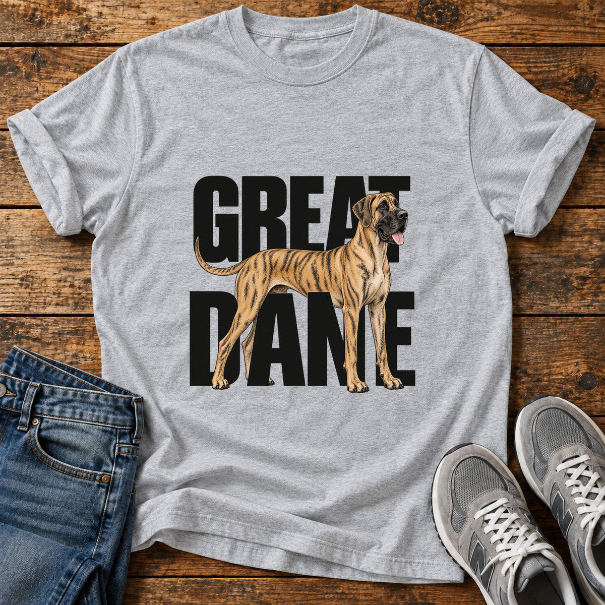 Great Dane graphic T-shirt in Sport Grey, shown on a flat-lay shirt mockup