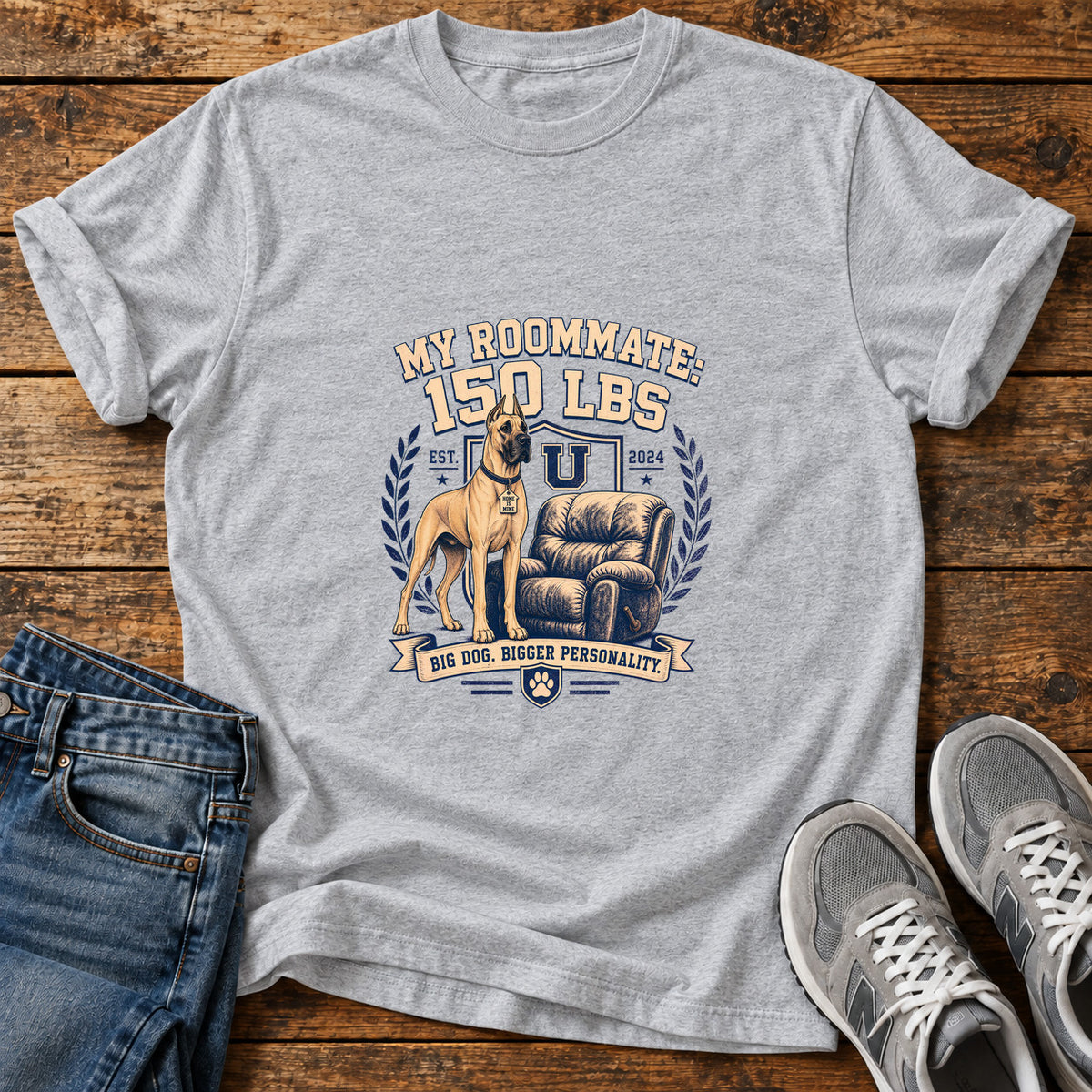 Roommate Pup Great Dane graphic T-shirt in Sport Grey, shown on a flat-lay shirt mockup