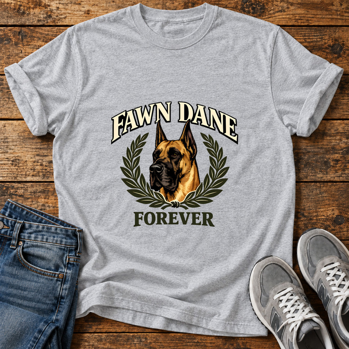 Fawn Dane Forever Great Dane graphic T-shirt in Sport Grey, shown on a flat-lay shirt mockup