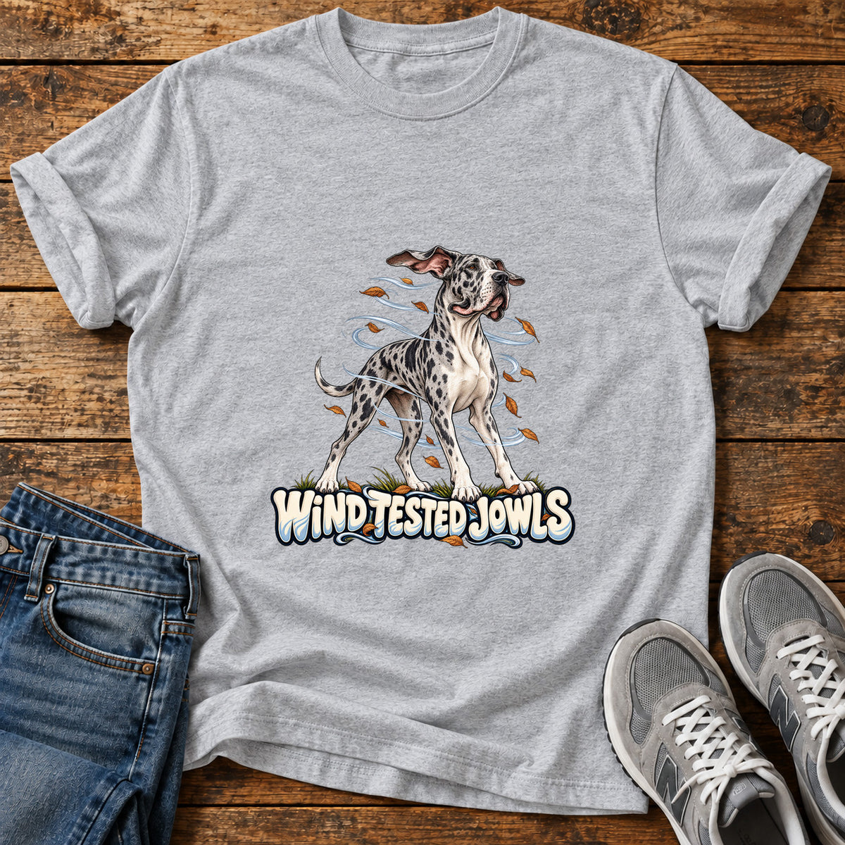 Wind Tested Jowls Great Dane graphic T-shirt in Sport Grey, shown on a flat-lay shirt mockup