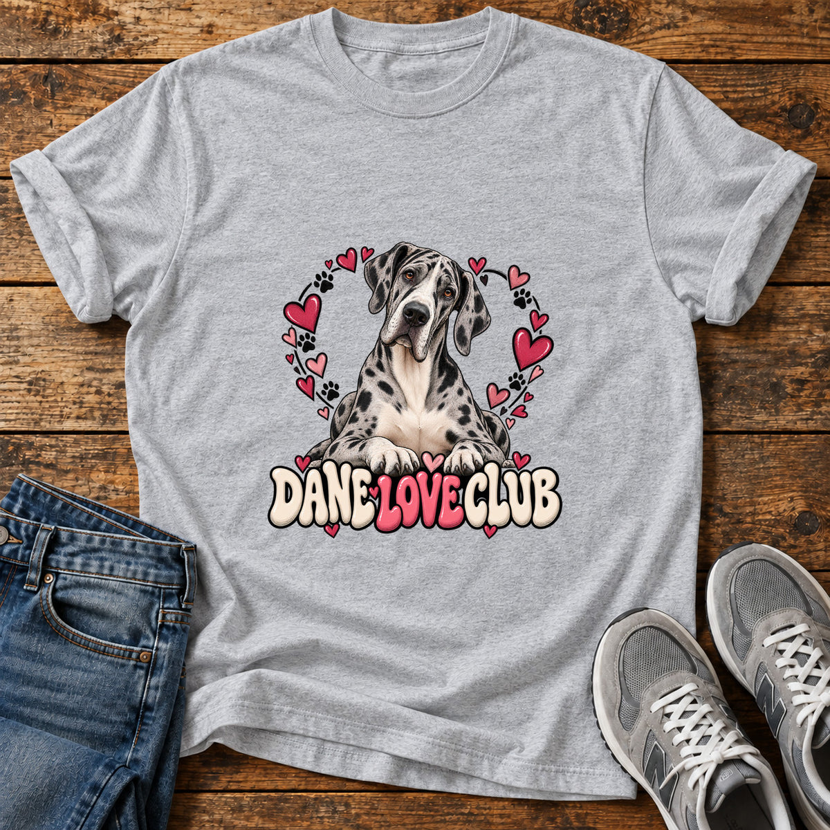 Dane Love Club Great Dane graphic T-shirt in Sport Grey, shown on a flat-lay shirt mockup
