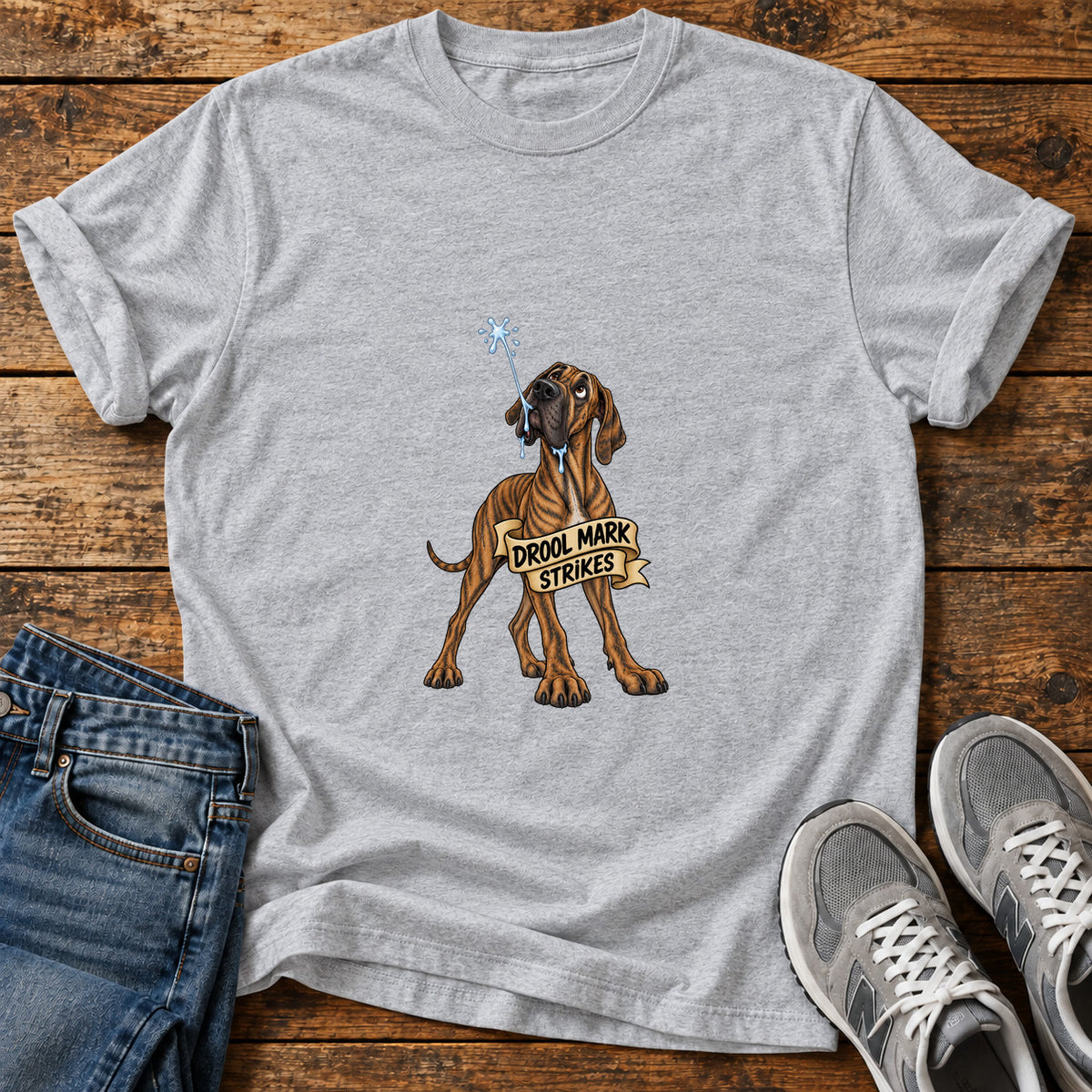 Drool Mark Strikes Great Dane graphic T-shirt in Sport Grey, shown on a flat-lay shirt mockup