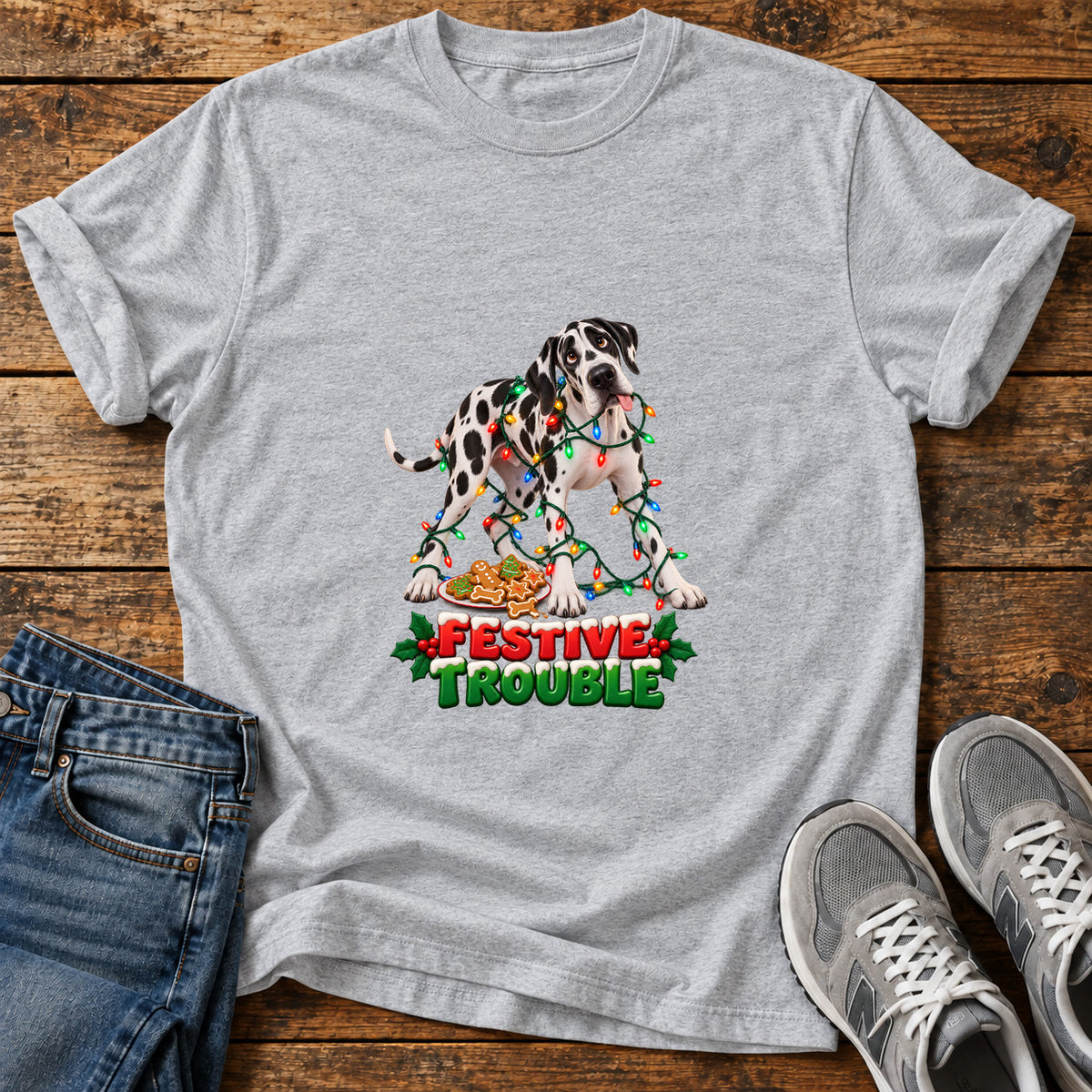 Festive Trouble Great Dane graphic T-shirt in Sport Grey, shown on a flat-lay shirt mockup