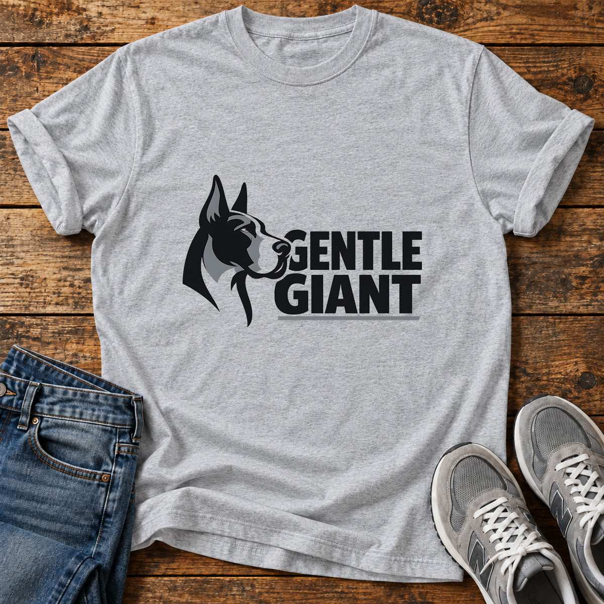 Gentle Giant Great Dane graphic T-shirt in Sport Grey, shown on a flat-lay shirt mockup