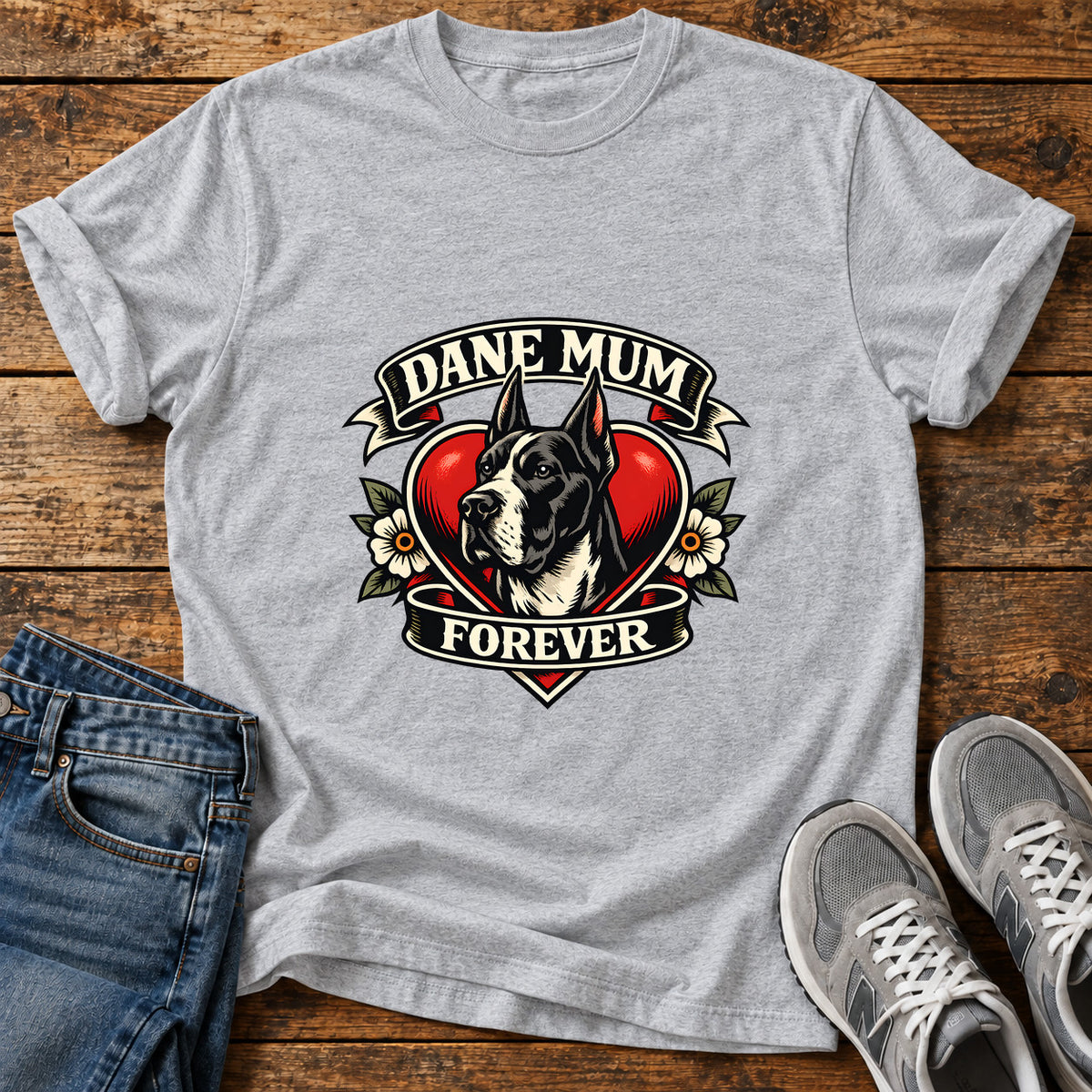 Dane Mum Forever Great Dane graphic T-shirt in Sport Grey, shown on a flat-lay shirt mockup