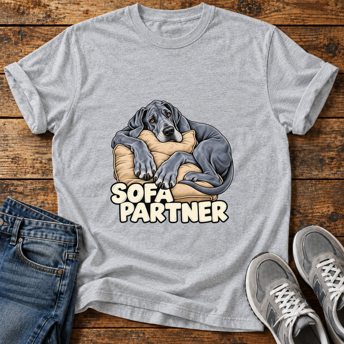 Sofa Partner Great Dane graphic T-shirt in Sport Grey, shown on a flat-lay shirt mockup