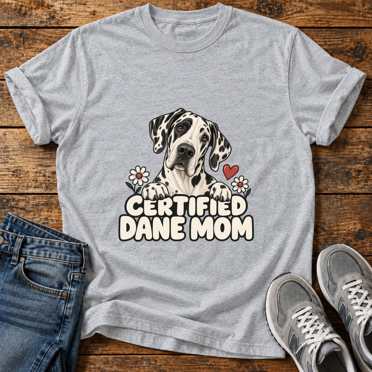 Certified Dane Mom Great Dane graphic T-shirt in Sport Grey, shown on a flat-lay shirt mockup