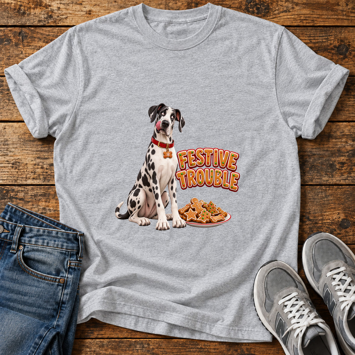 Festive Trouble Great Dane graphic T-shirt in Sport Grey, shown on a flat-lay shirt mockup