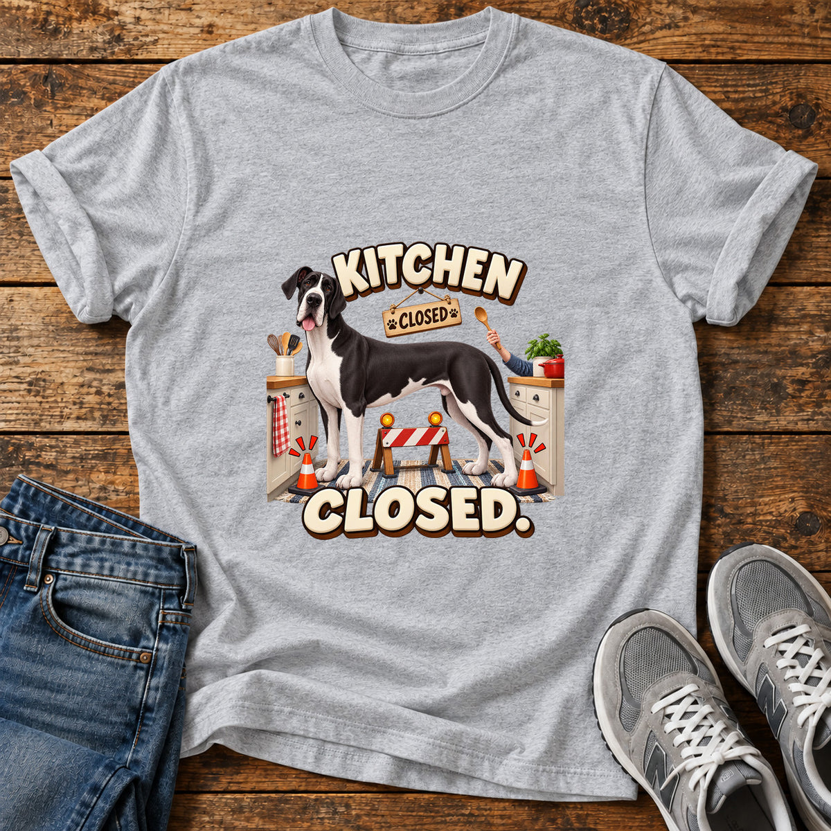Kitchen Closed Great Dane graphic T-shirt in Sport Grey, shown on a flat-lay shirt mockup
