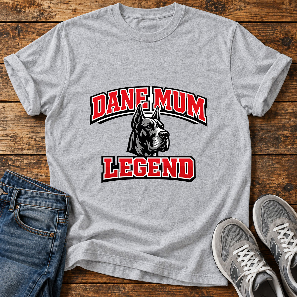 Dane Mum Legend Great Dane graphic T-shirt in Sport Grey, shown on a flat-lay shirt mockup