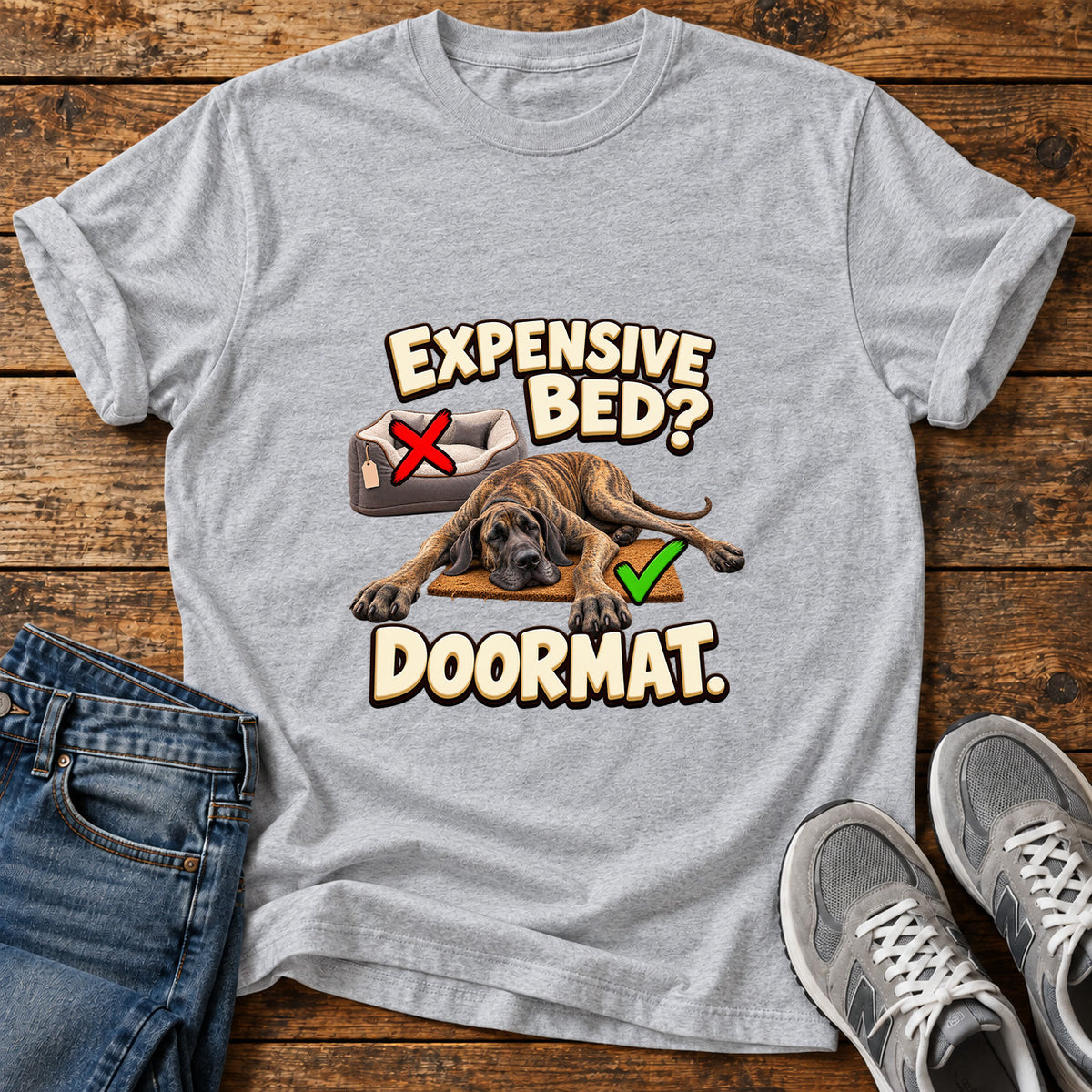 Expensive Bed Doormat Great Dane graphic T-shirt in Sport Grey, shown on a flat-lay shirt mockup