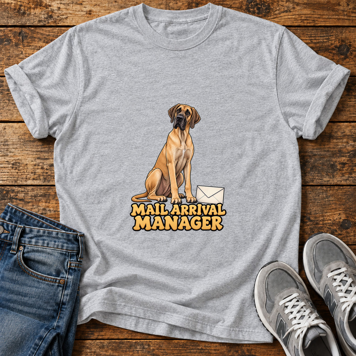 Mail Arrival Manager Great Dane graphic T-shirt in Sport Grey, shown on a flat-lay shirt mockup