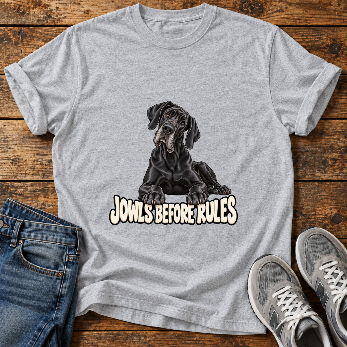Jowls Before Rules Great Dane graphic T-shirt in Sport Grey, shown on a flat-lay shirt mockup