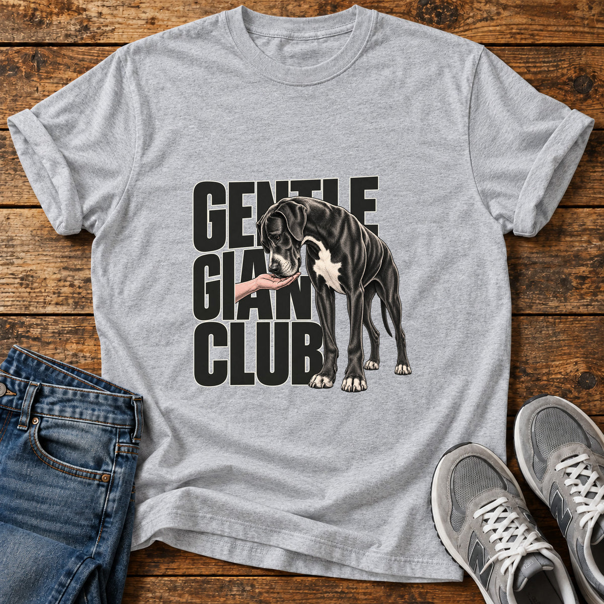 Gentle Giant Club Great Dane graphic T-shirt in Sport Grey, shown on a flat-lay shirt mockup