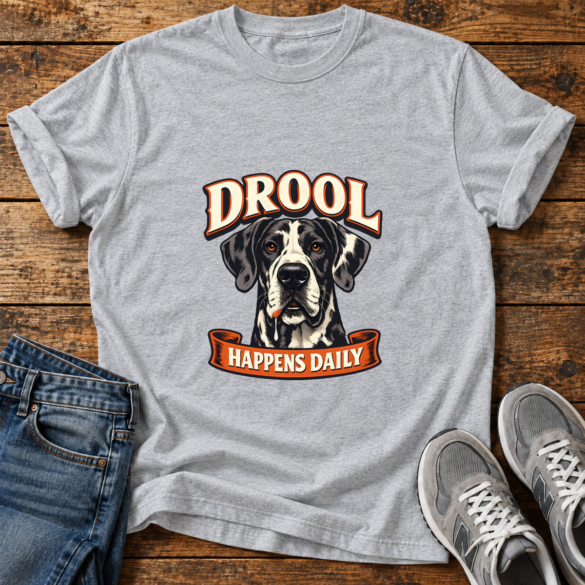 Drool Happens Daily Great Dane graphic T-shirt in Sport Grey, shown on a flat-lay shirt mockup