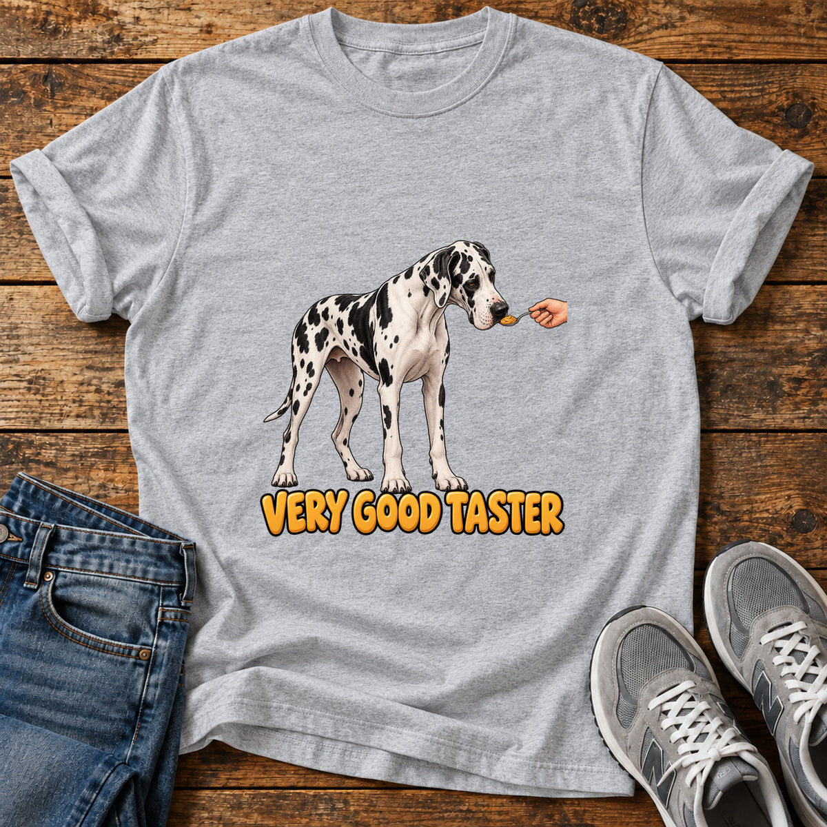 Very Good Taster Great Dane graphic T-shirt in Sport Grey, shown on a flat-lay shirt mockup