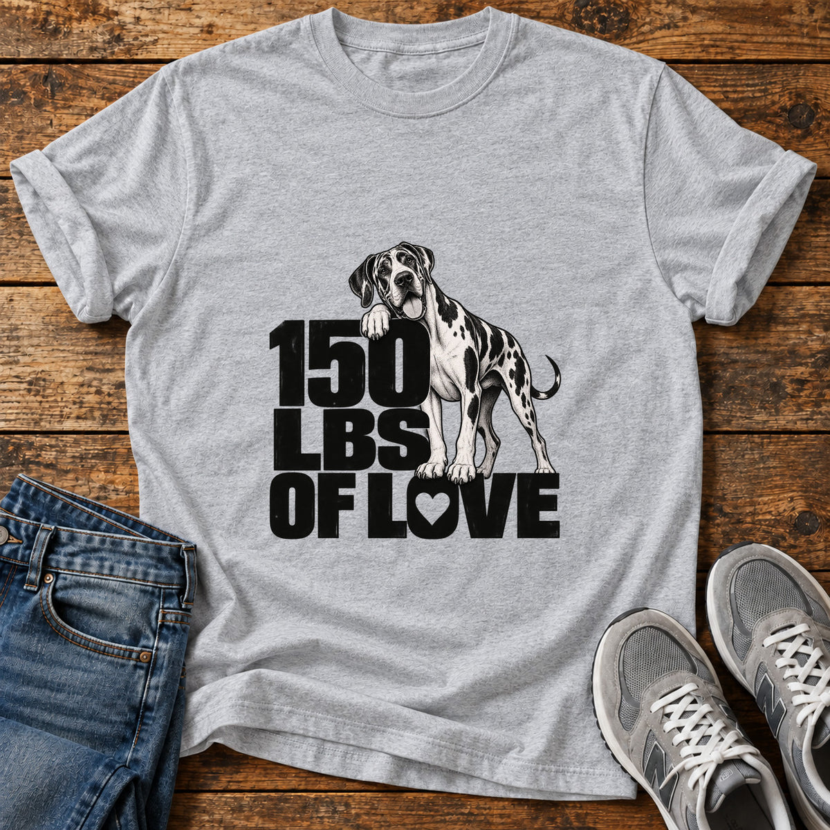 150 Lbs Love Great Dane graphic T-shirt in Sport Grey, shown on a flat-lay shirt mockup