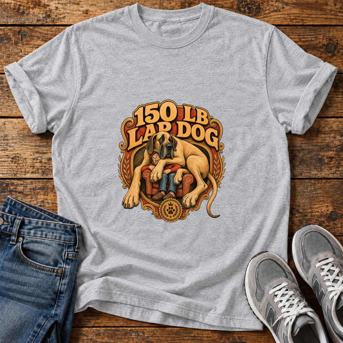 150 Lb Lapdog Great Dane graphic T-shirt in Sport Grey, shown on a flat-lay shirt mockup