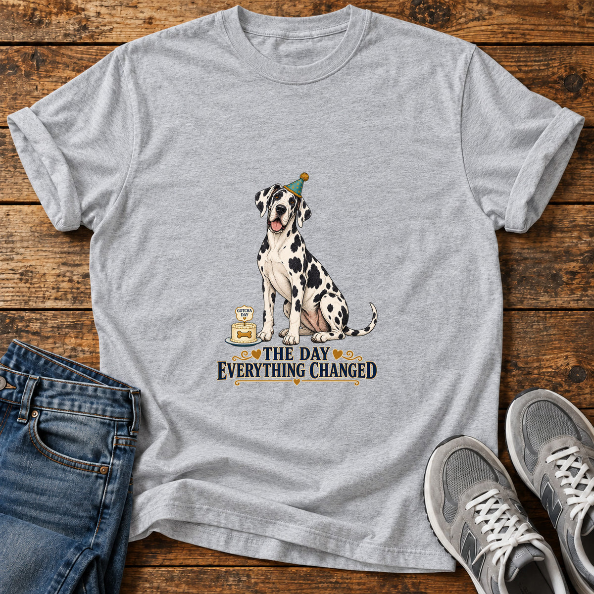 The Day Changed Great Dane graphic T-shirt in Sport Grey, shown on a flat-lay shirt mockup