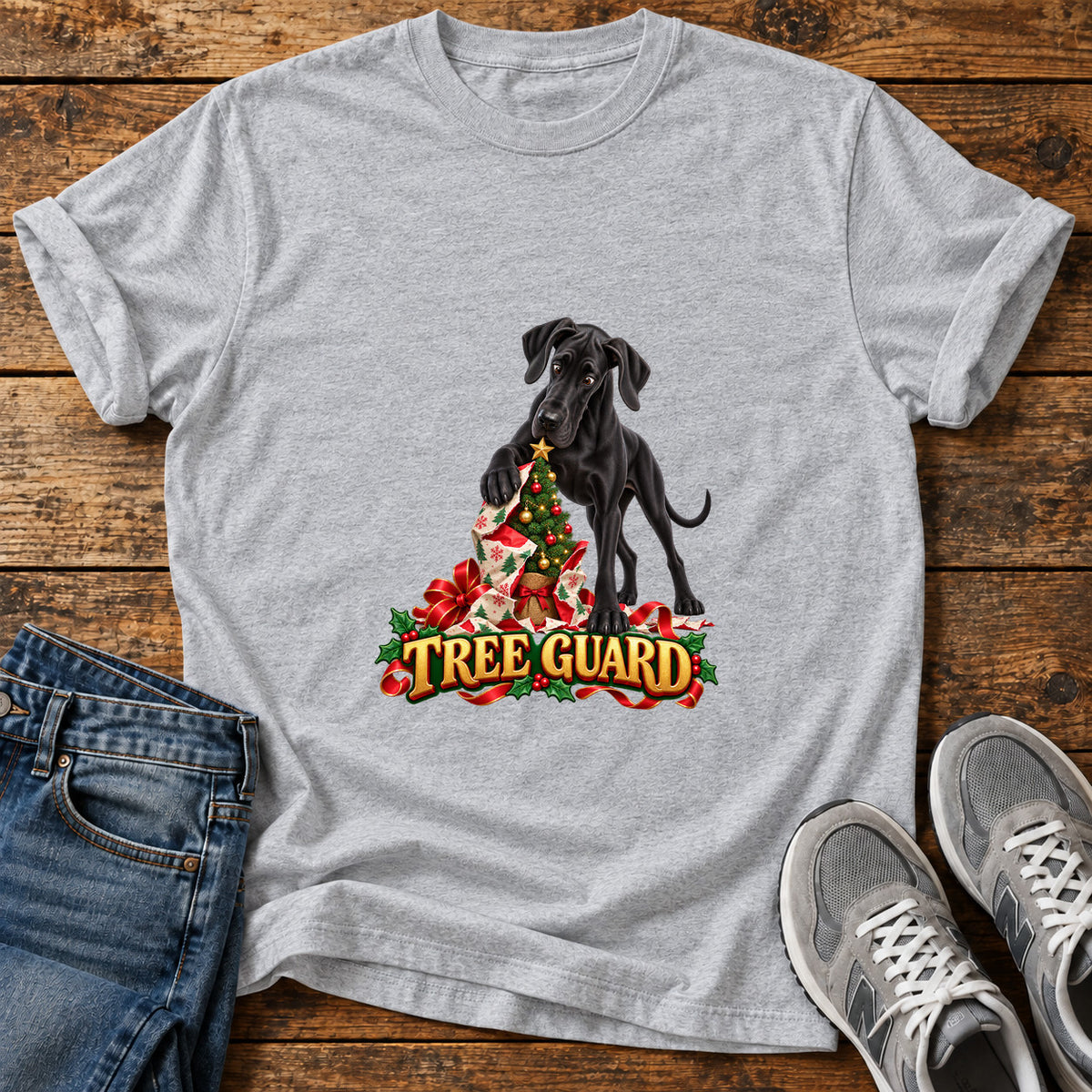 Tree Guard Great Dane graphic T-shirt in Sport Grey, shown on a flat-lay shirt mockup