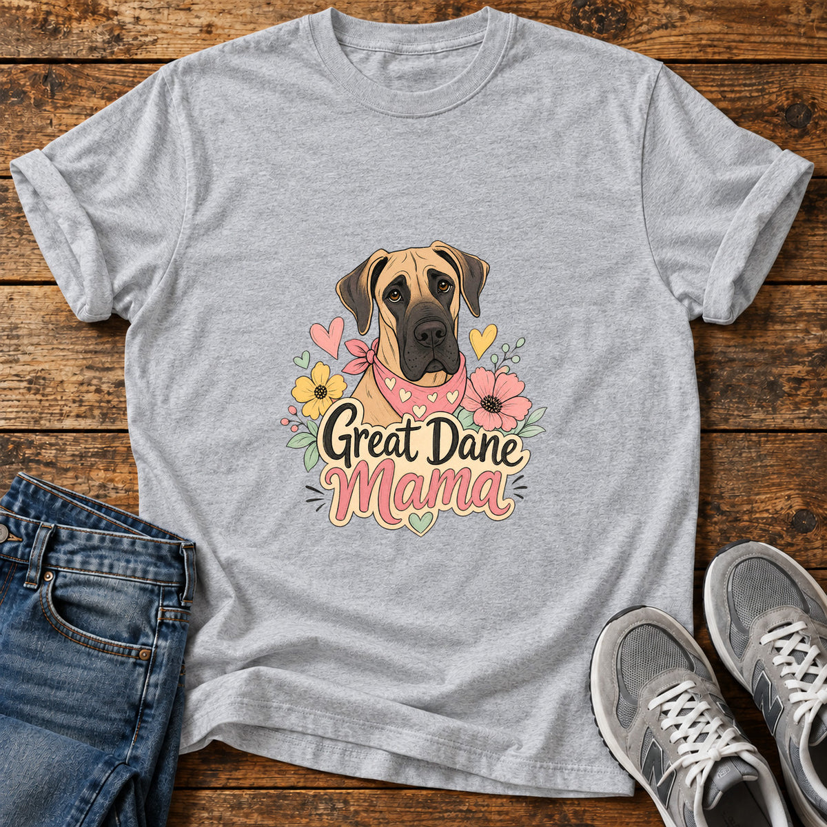 Great Dane Mama graphic T-shirt in Sport Grey, shown on a flat-lay shirt mockup