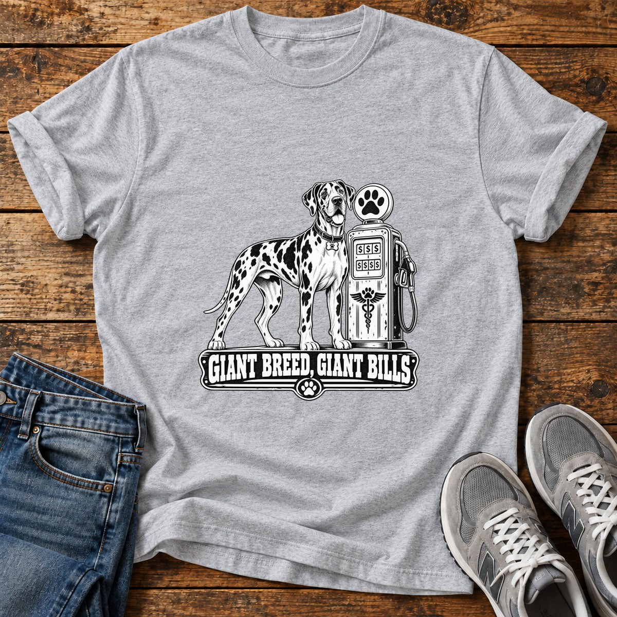 Giant Breed Bills Great Dane graphic T-shirt in Sport Grey, shown on a flat-lay shirt mockup