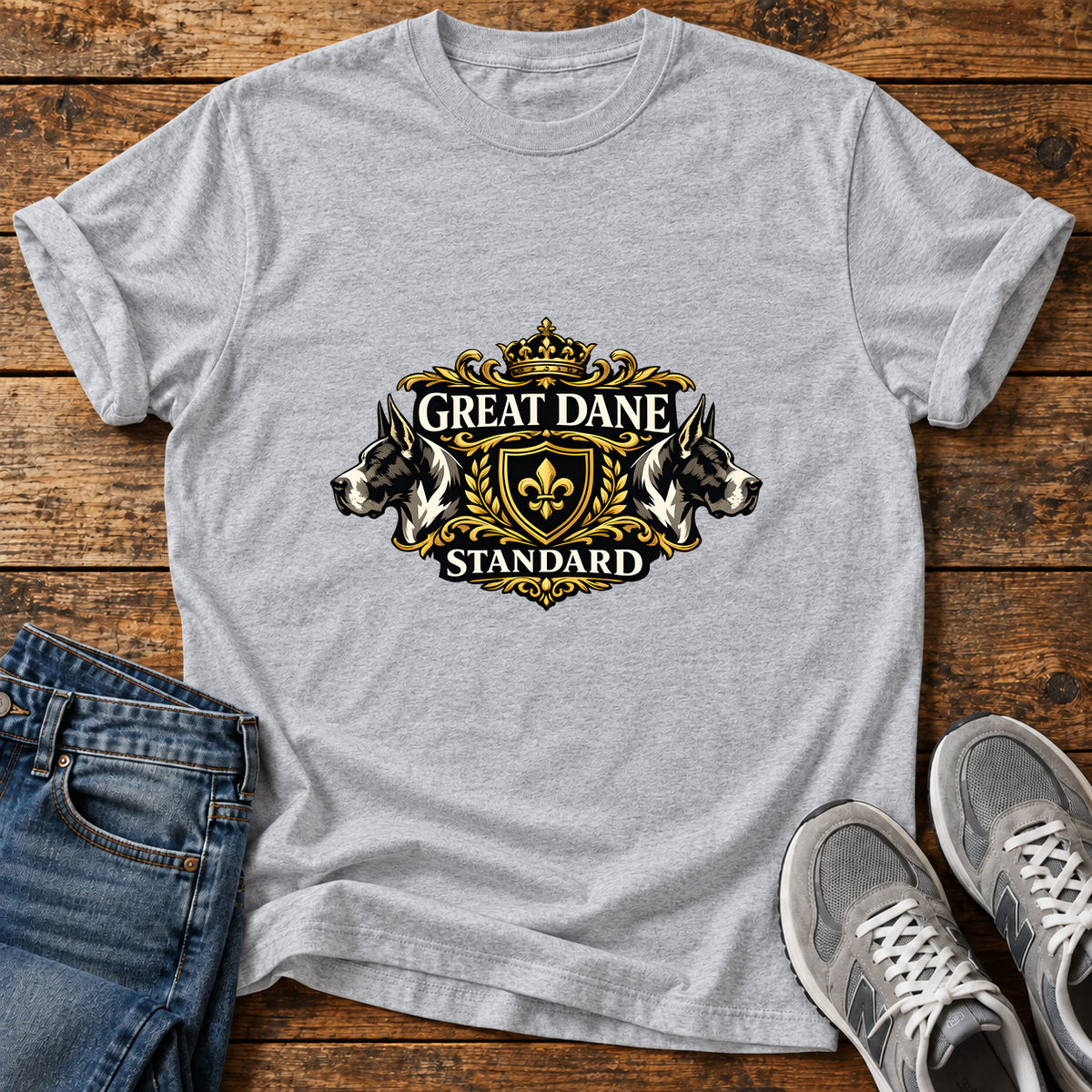 Great Dane Standard graphic T-shirt in Sport Grey, shown on a flat-lay shirt mockup
