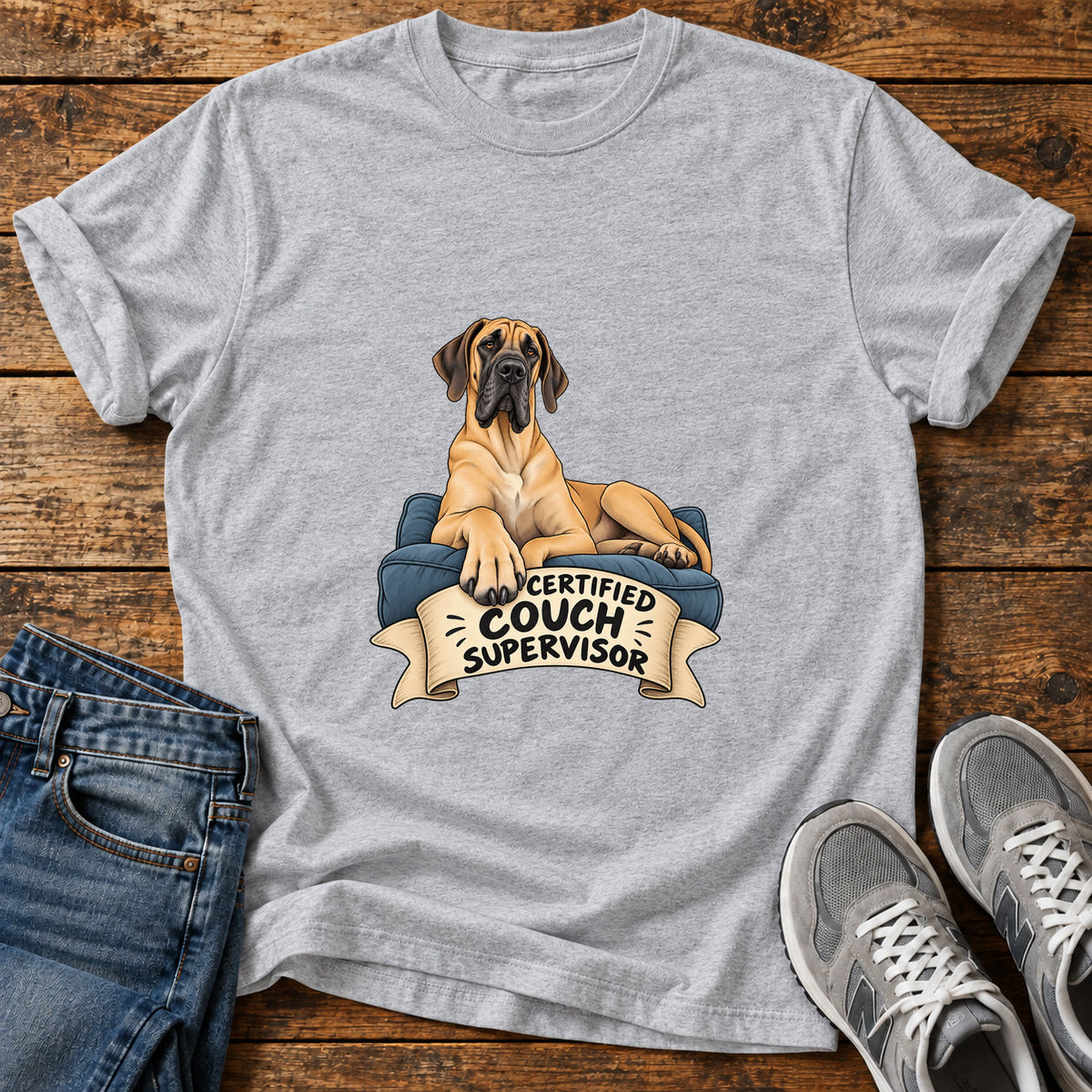 Certified Couch Supervisor Great Dane graphic T-shirt in Sport Grey, shown on a flat-lay shirt mockup
