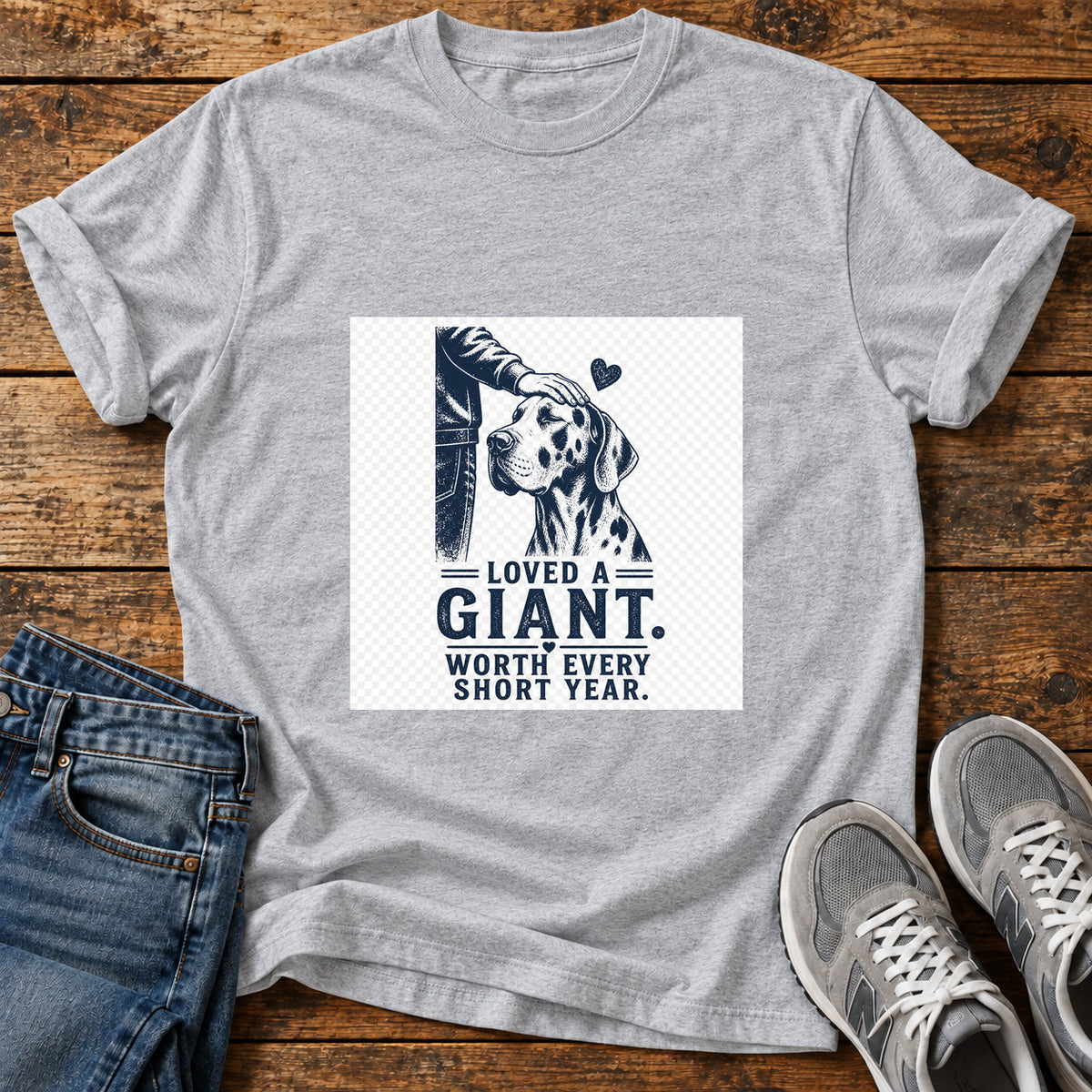 Loved A Giant Great Dane graphic T-shirt in Sport Grey, shown on a flat-lay shirt mockup