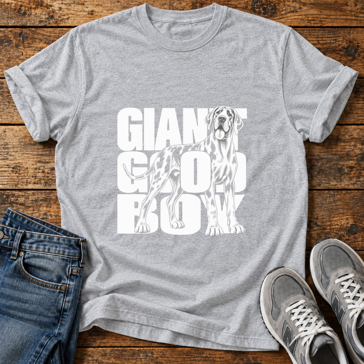 Giant Good Boy Great Dane graphic T-shirt in Sport Grey, shown on a flat-lay shirt mockup