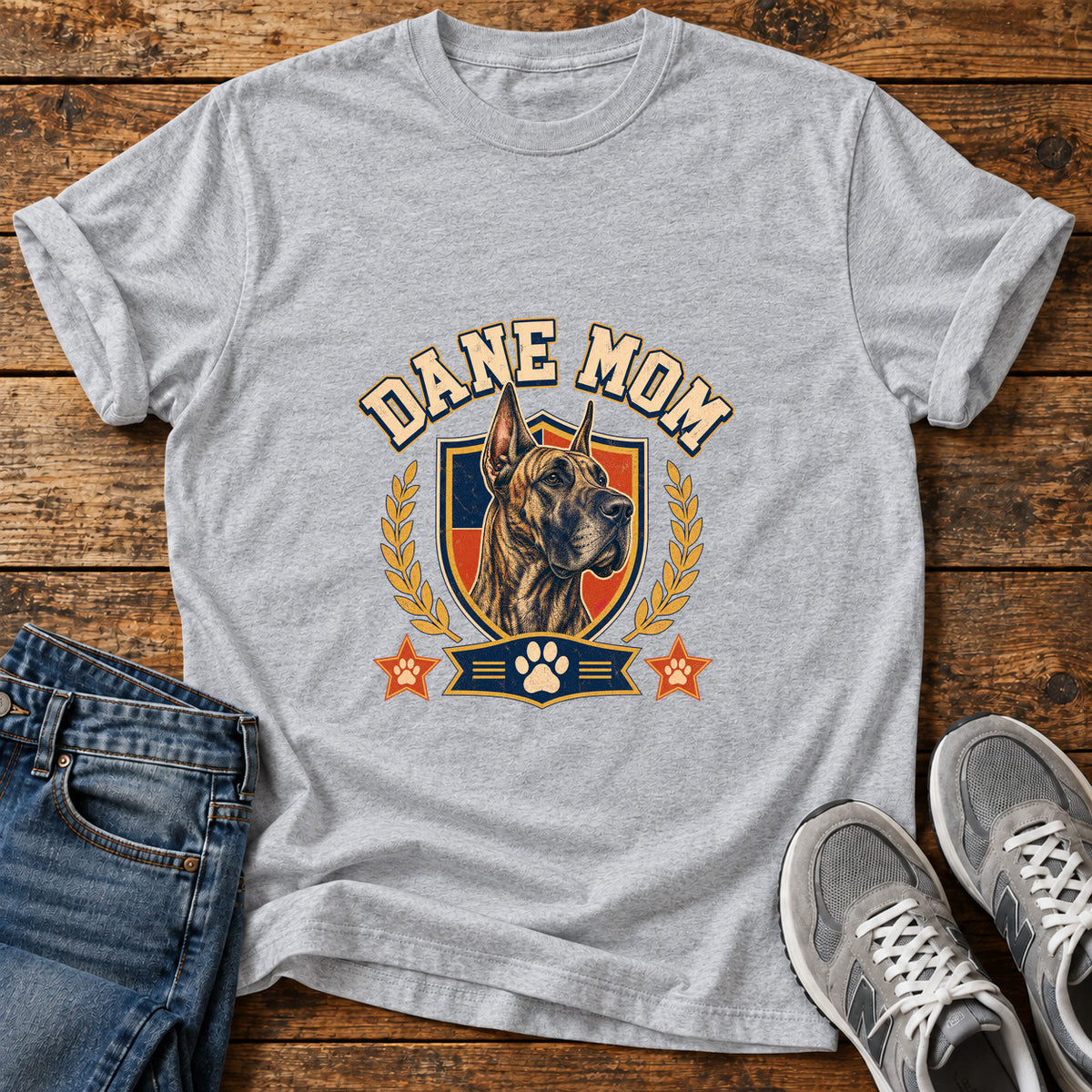 Dane Mom Great Dane graphic T-shirt in Sport Grey, shown on a flat-lay shirt mockup
