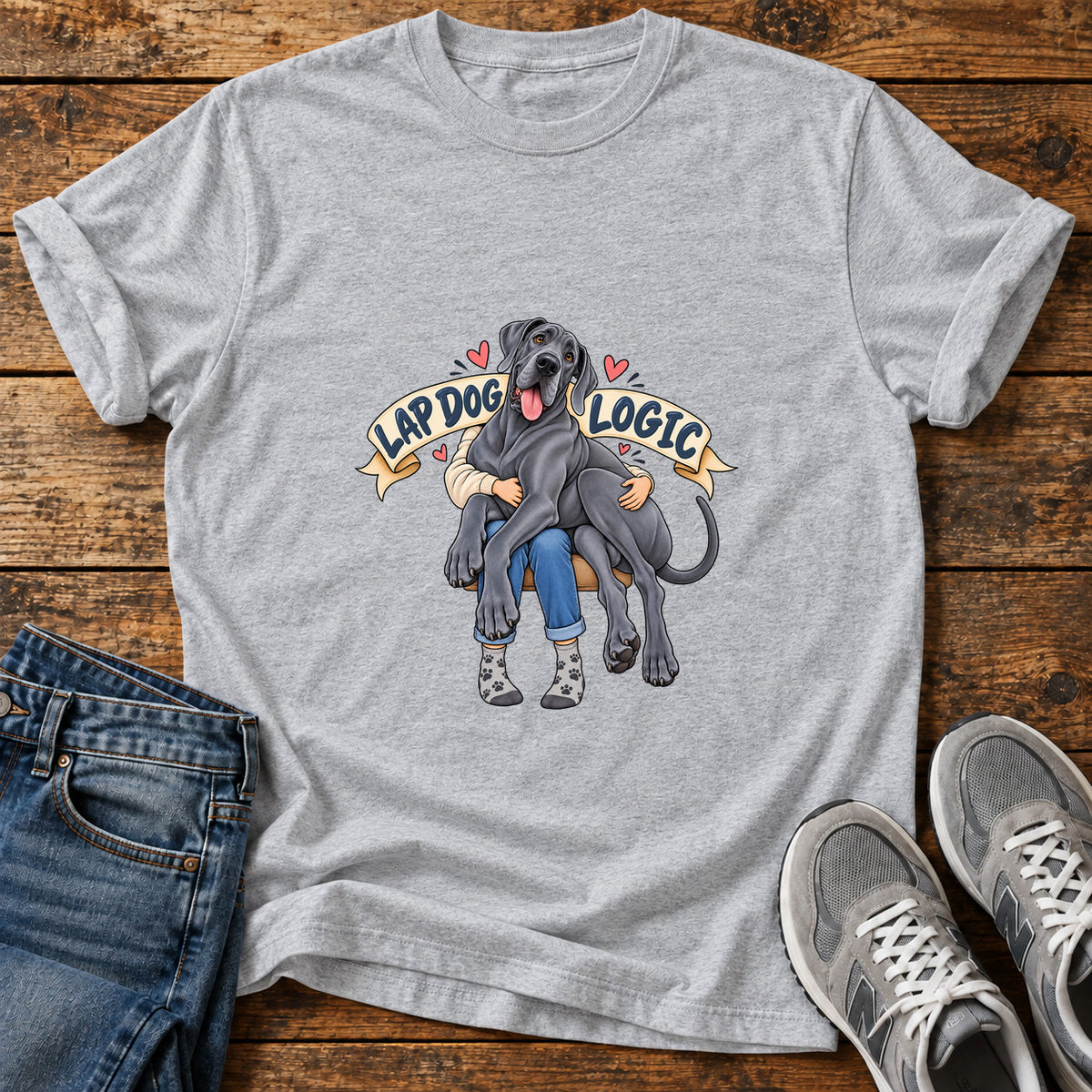 Lap Dog Logic Great Dane graphic T-shirt in Sport Grey, shown on a flat-lay shirt mockup