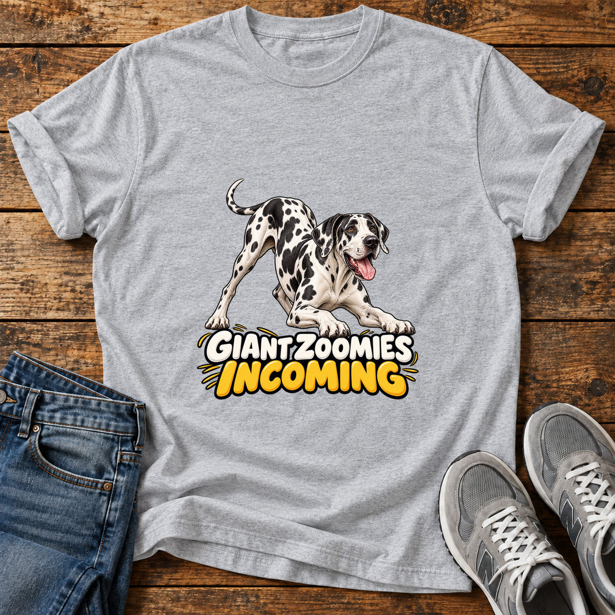 Giant Zoomies Great Dane graphic T-shirt in Sport Grey, shown on a flat-lay shirt mockup