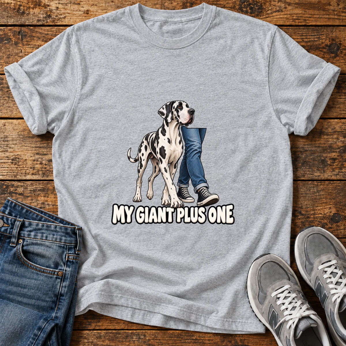 My Giant Plus Great Dane graphic T-shirt in Sport Grey, shown on a flat-lay shirt mockup