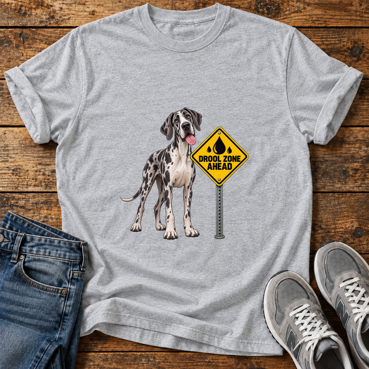 Drool Zone Ahead Great Dane graphic T-shirt in Sport Grey, shown on a flat-lay shirt mockup