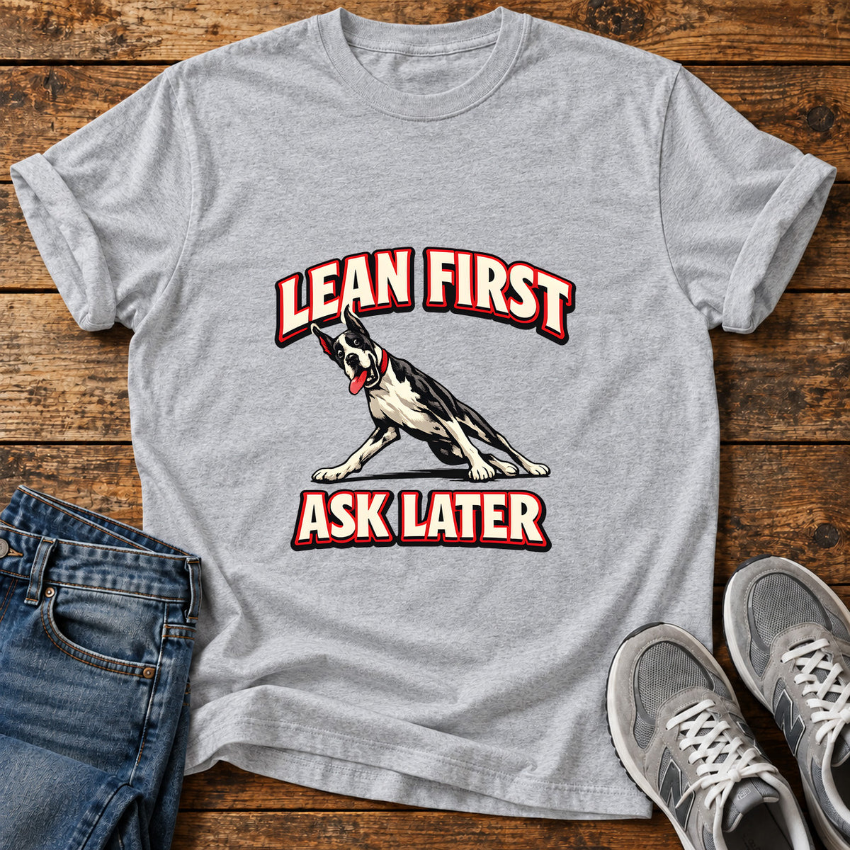 Lean First Great Dane graphic T-shirt in Sport Grey, shown on a flat-lay shirt mockup