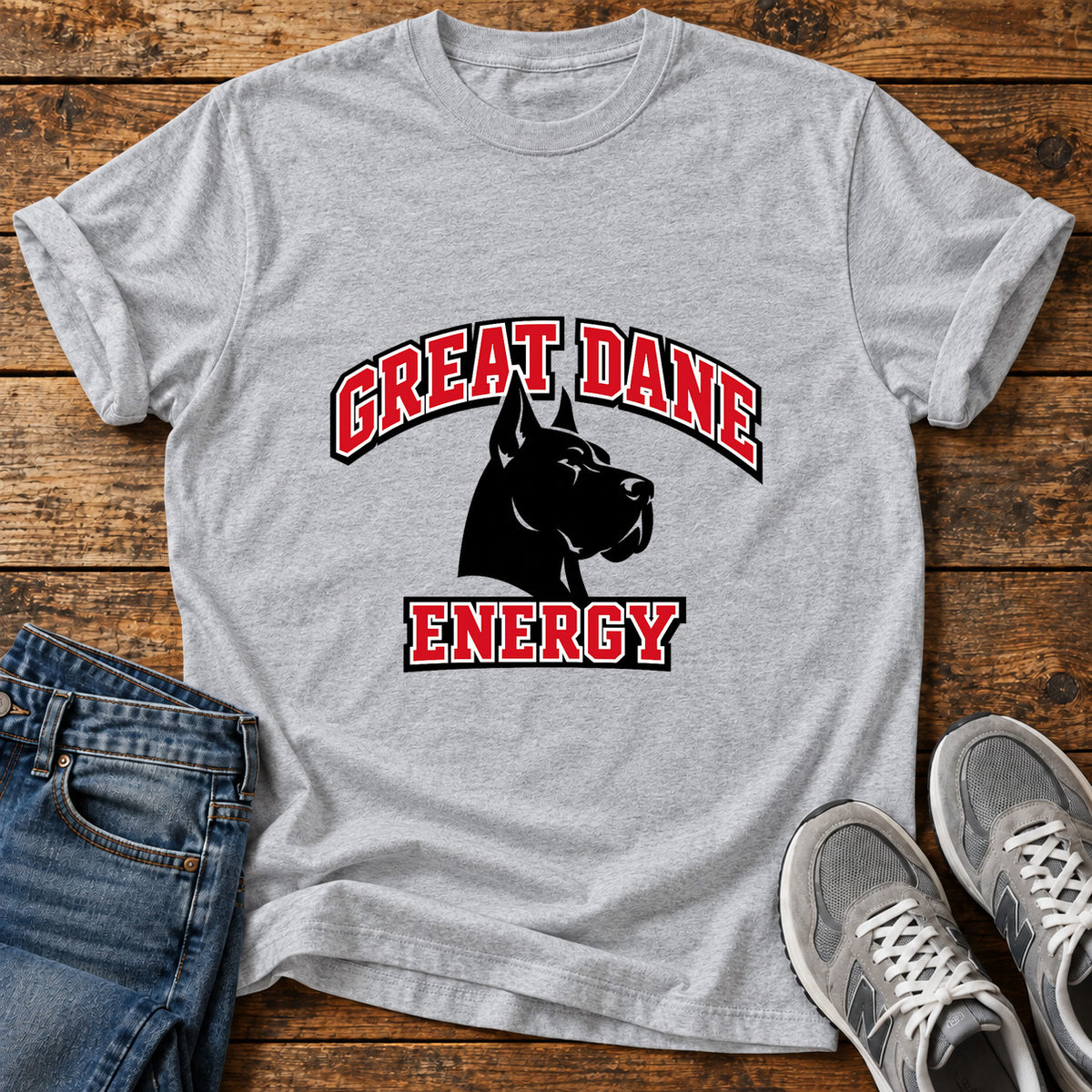 Great Dane Energy graphic T-shirt in Sport Grey, shown on a flat-lay shirt mockup