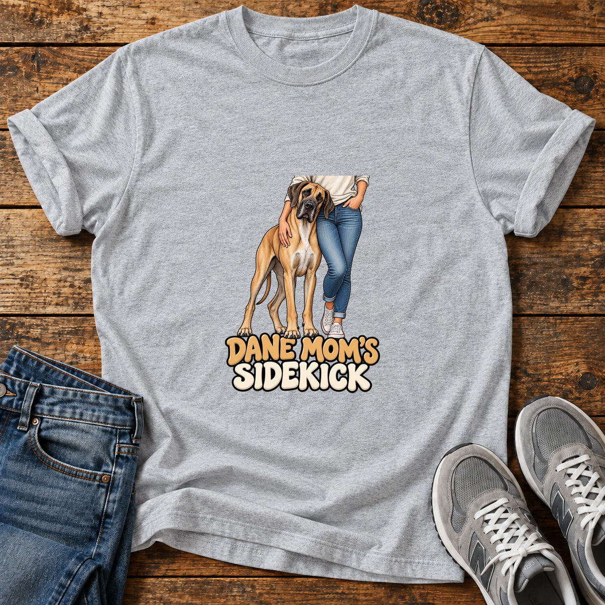 Dane Mom's Sidekick Great Dane graphic T-shirt in Sport Grey, shown on a flat-lay shirt mockup