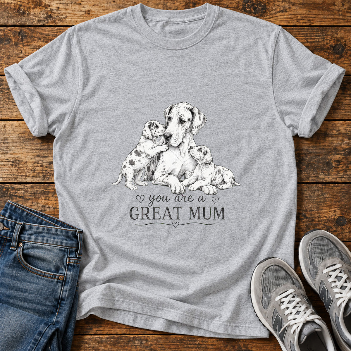 Great Mum Great Dane graphic T-shirt in Sport Grey, shown on a flat-lay shirt mockup