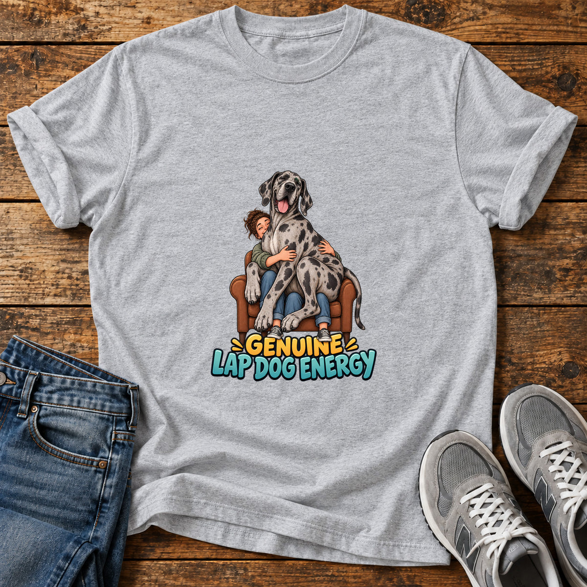 Genuine Lap Dog Great Dane graphic T-shirt in Sport Grey, shown on a flat-lay shirt mockup
